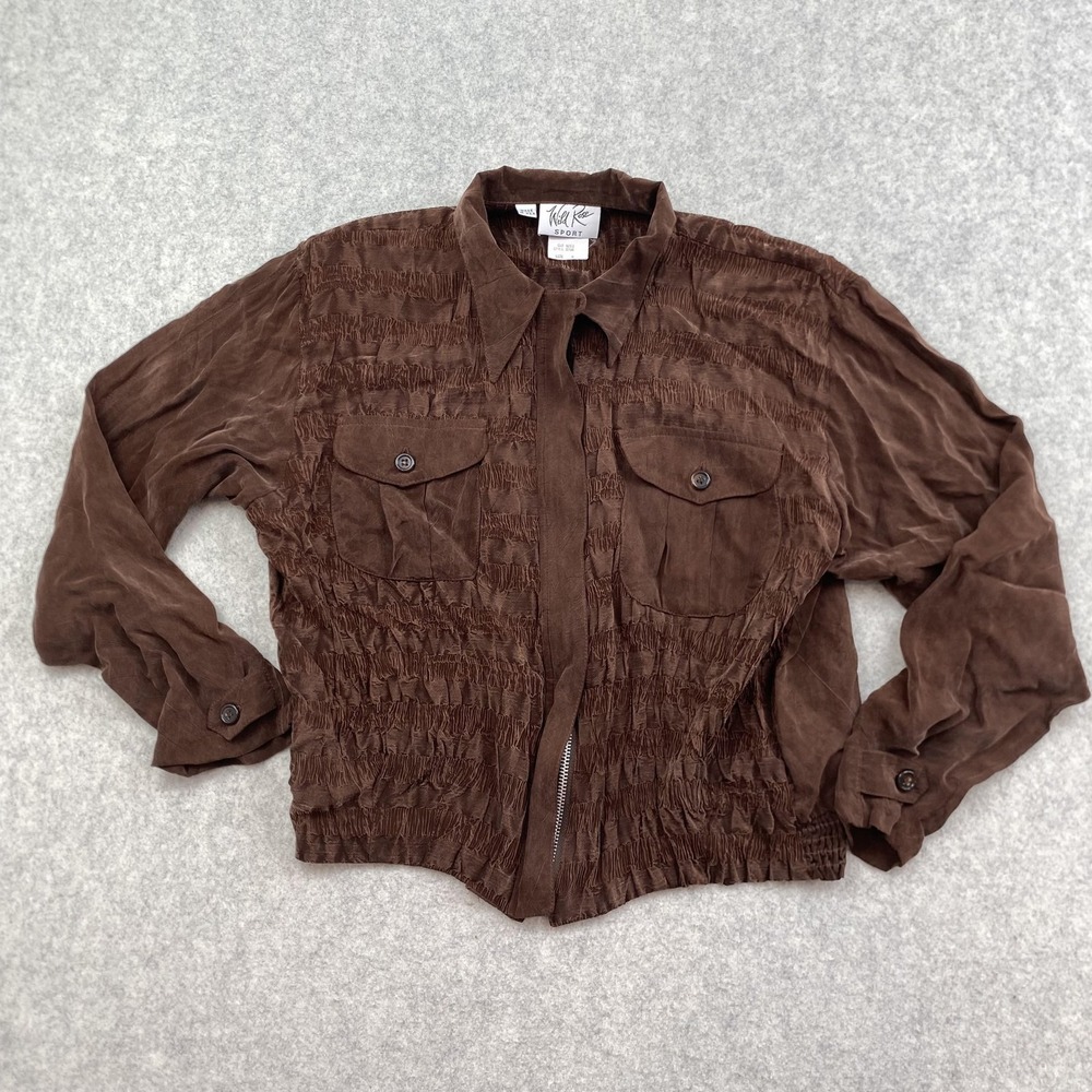 Vintage Wild Rose Sport Jacket Womens 6 Brown Rayon Smocked Bomber Made USA